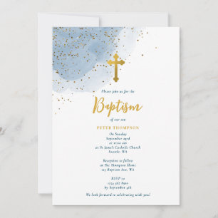 Invitación Blue Watercolor Purpurina Cruz de Oro Niño Bautist