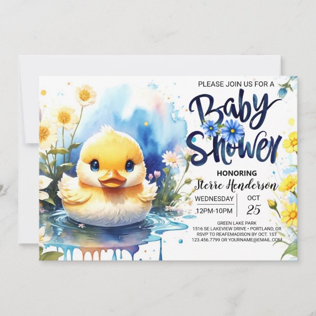 Invitación Blue Watercolor Quack Baby Shower (Anverso)