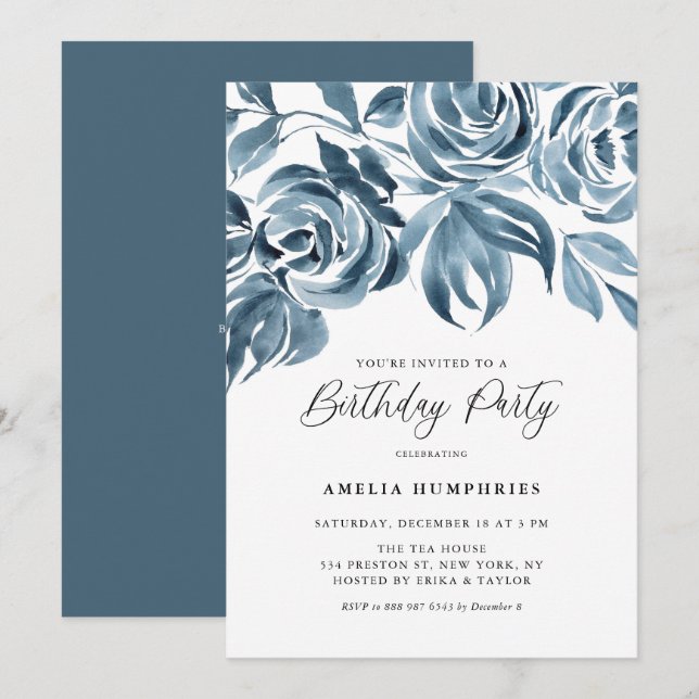 Invitación Blue Watercolor Rosas de Invierno fiesta de cumple (Anverso / Reverso)