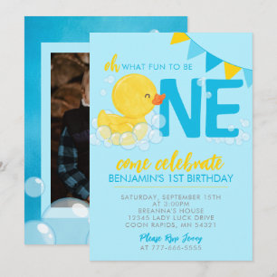 Invitación Blue Watercolor Rubber Duck Foto de primer cumplea