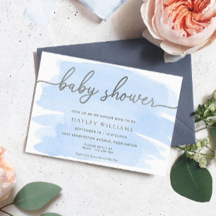 Invitación Blue Watercolor Silver Baby Shower