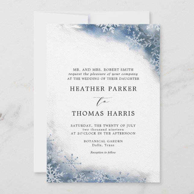 Invitación Blue Watercolor Snowflake Elegante Boda de Inviern (Anverso)