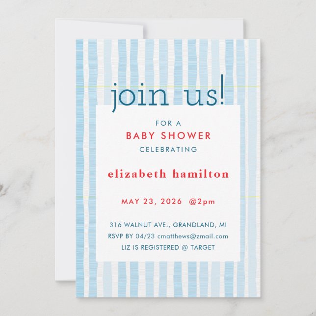 Invitación Blue Watercolor Stripes Baby Shower Invitation (Anverso)