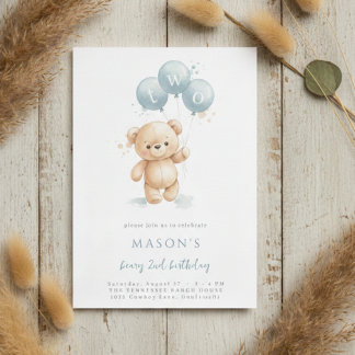 Invitación Blue Watercolor Teddy Bear 2nd Birthday Invitation