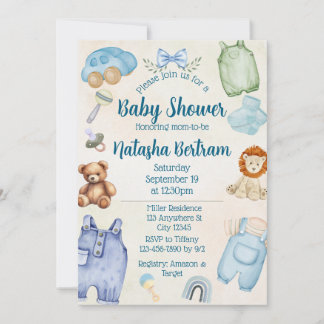 Invitación Blue Watercolor Toys & Clothes Baby Shower