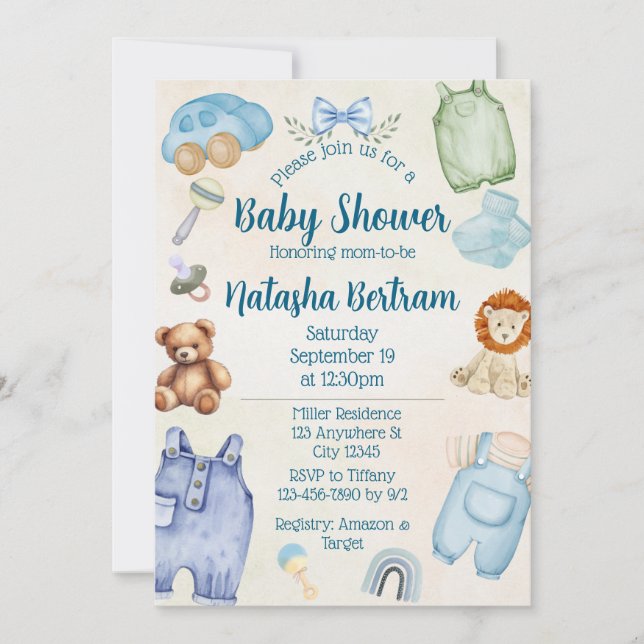 Invitación Blue Watercolor Toys & Clothes Baby Shower (Anverso)