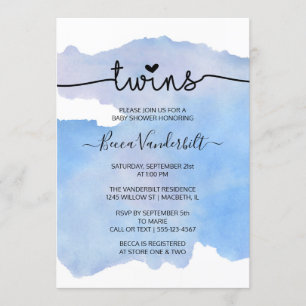 Invitación Blue Watercolor Twins Baby Shower