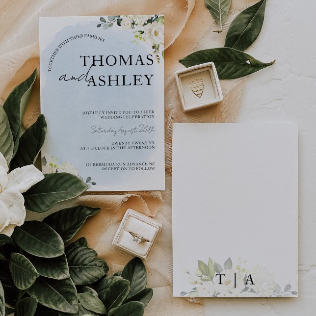 Invitación Blue Watercolor White Rose Elegant Wedding (Subido por el creador)