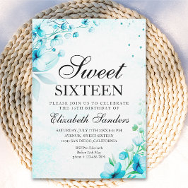 Invitación Blue Watercolor Wildflowers Modern Sweet Sixteen