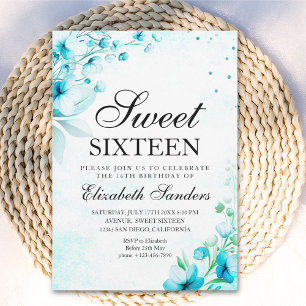 Invitación  Blue Watercolor Wildflowers Modern Sweet Sixteen