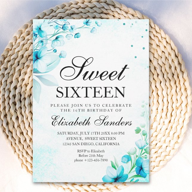 Invitación  Blue Watercolor Wildflowers Modern Sweet Sixteen (Subido por el creador)