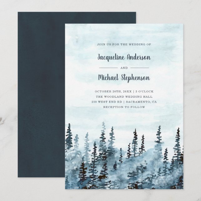 Invitación Blue Watercolor Winter Woodland Rustic Boda (Anverso / Reverso)
