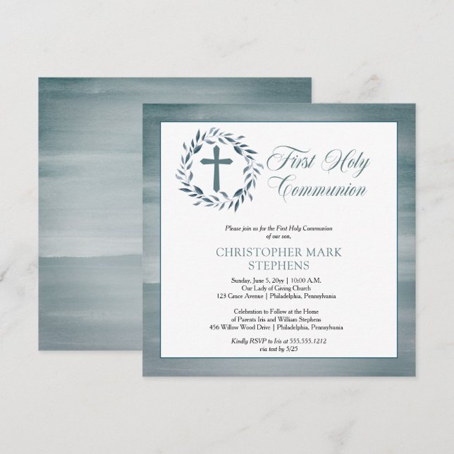 Invitación Blue Watercolor Wreath Boy Primera Comunión Sagrad (Anverso / Reverso)
