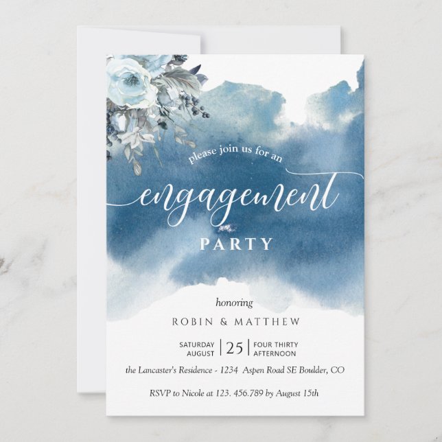 Invitación Blue Watercolor y Blue Floral Engagement Party (Anverso)