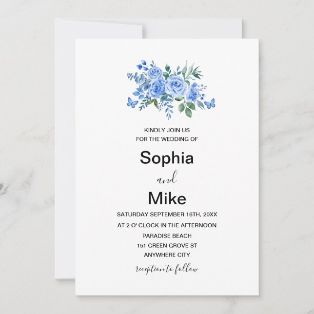 Invitación Blue Watercolour Floral Butterflies Wedding (Anverso)