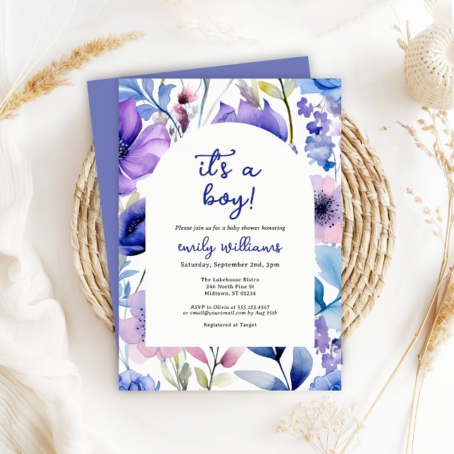 Invitación Blue Watercolour Wildflower Its a Boy Baby Shower (Subido por el creador)