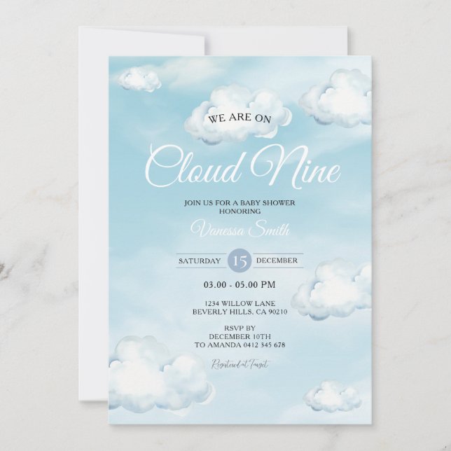 Invitación Blue We Are On Cloud Nine Blue Baby Shower (Anverso)