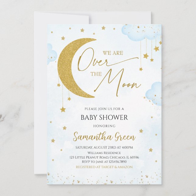 Invitación Blue We are Over the Moon Baby Shower (Anverso)