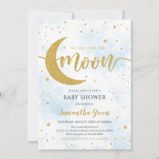 Invitación Blue We are Over the Moon Baby Shower (Anverso)