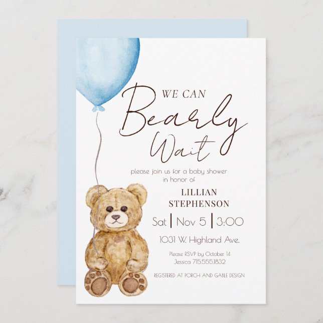 Invitación Blue We Can Bearly Wait Boy Baby Shower (Anverso / Reverso)