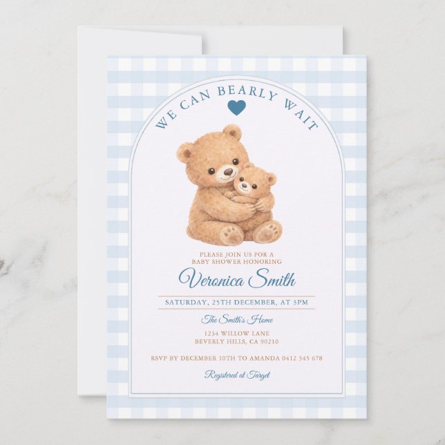 Invitación Blue We can bearly wait Mama Bear Baby Shower (Anverso)