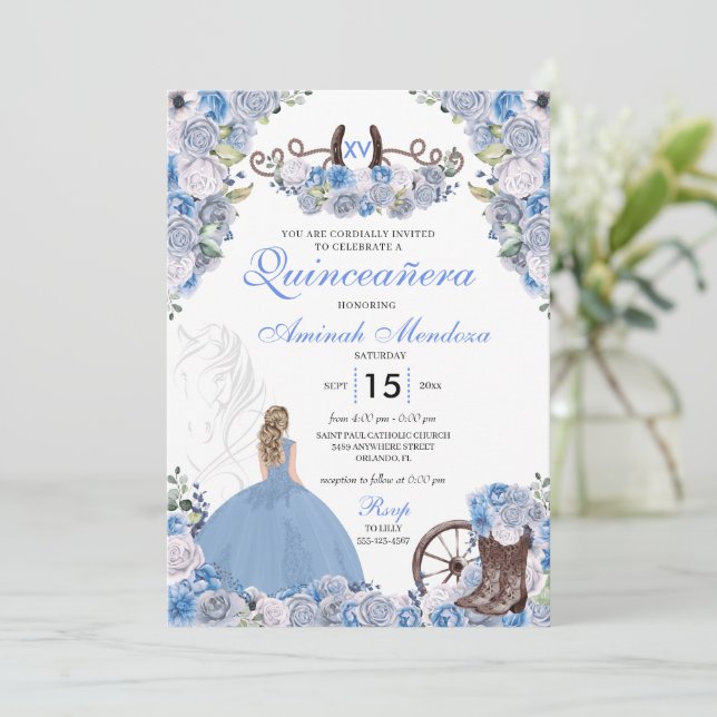 Invitación Blue Western Charra Floral Boots Quinceañera (Anverso de pie)