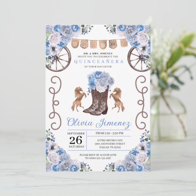 Invitación Blue Western Charra Floral Boots Quinceañera (Anverso de pie)