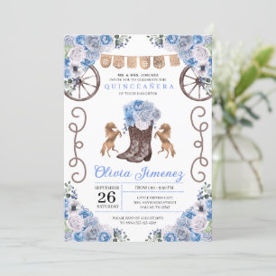 Invitación Blue Western Charra Floral Boots Quinceañera