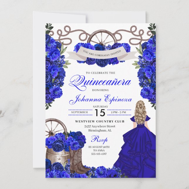 Invitación Blue Western Charra Ranchero Quinceanera (Anverso)