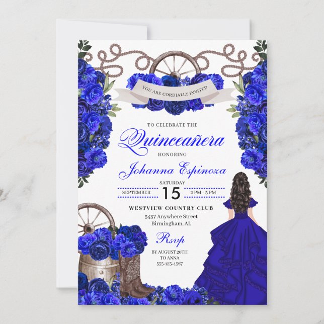 Invitación Blue Western Charra Ranchero Quinceanera (Anverso)