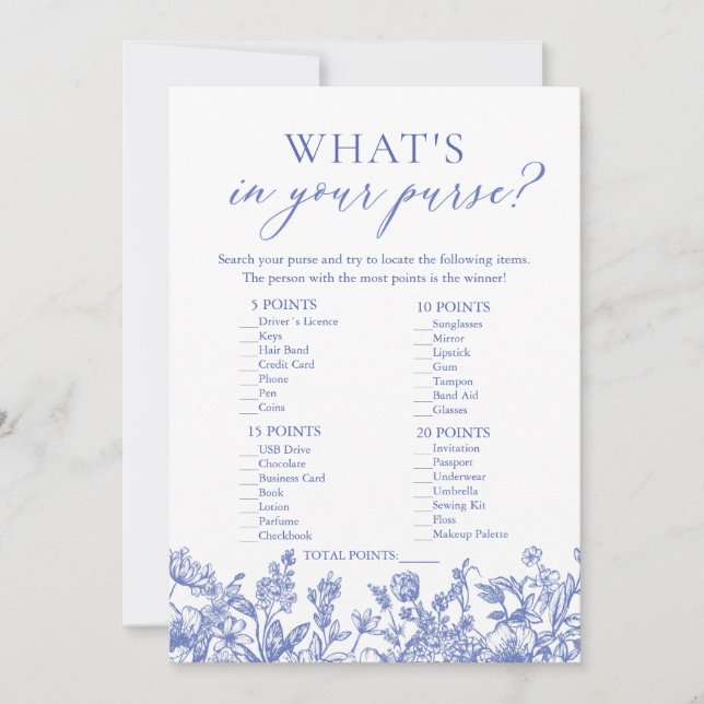 Invitación Blue What's In Your Purse Bridal Shower Game (Anverso)