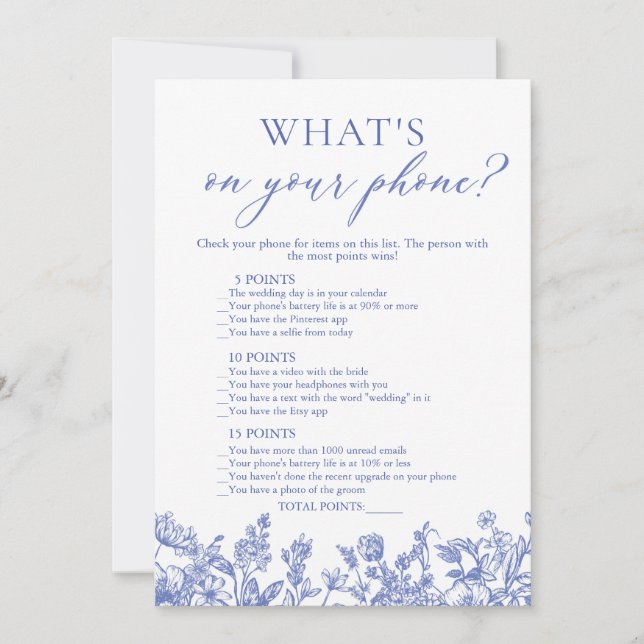 Invitación Blue What's On Your Phone Bridal Shower Game (Anverso)