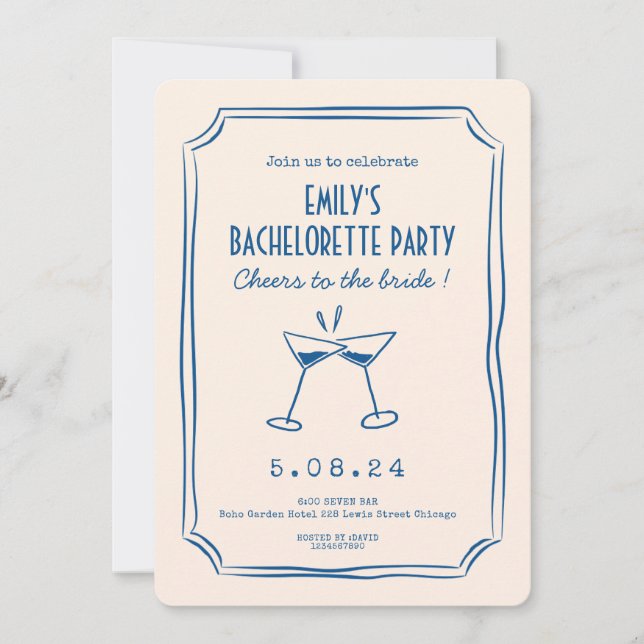 Invitación Blue Whimsical Funky Bachelorette Party (Anverso)