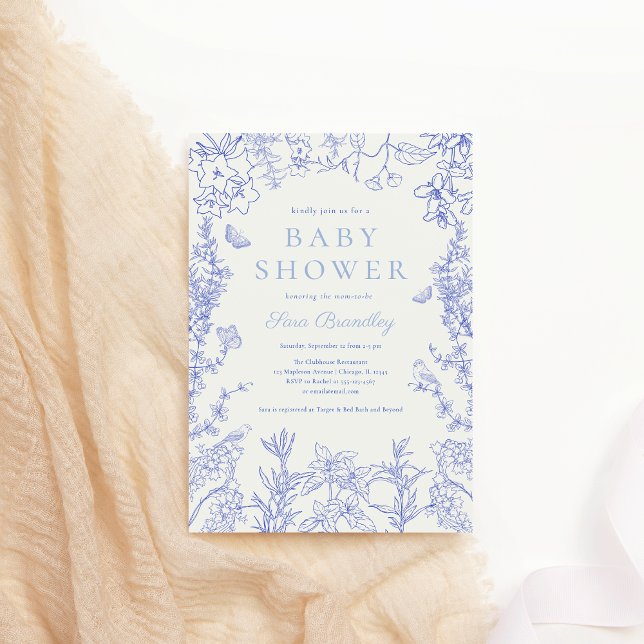 Invitación Blue Whimsical Garden Chinoiserie Baby Shower (Blue Whimsical Garden Chinoiserie Baby Shower Invitation)