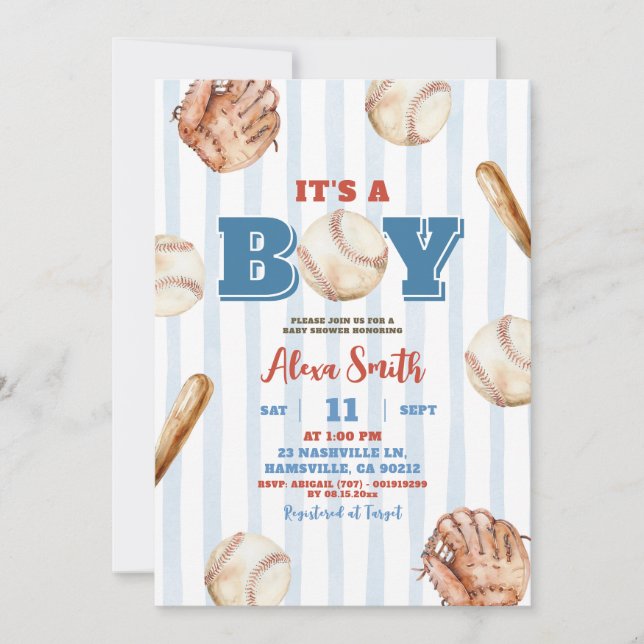 Invitación Blue Whimsical Stripe Boy Baseball Baby Shower (Anverso)