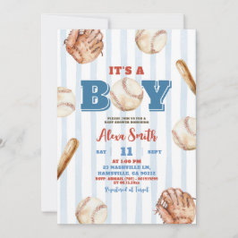 Invitación Blue Whimsical Stripe Boy Baseball Baby Shower