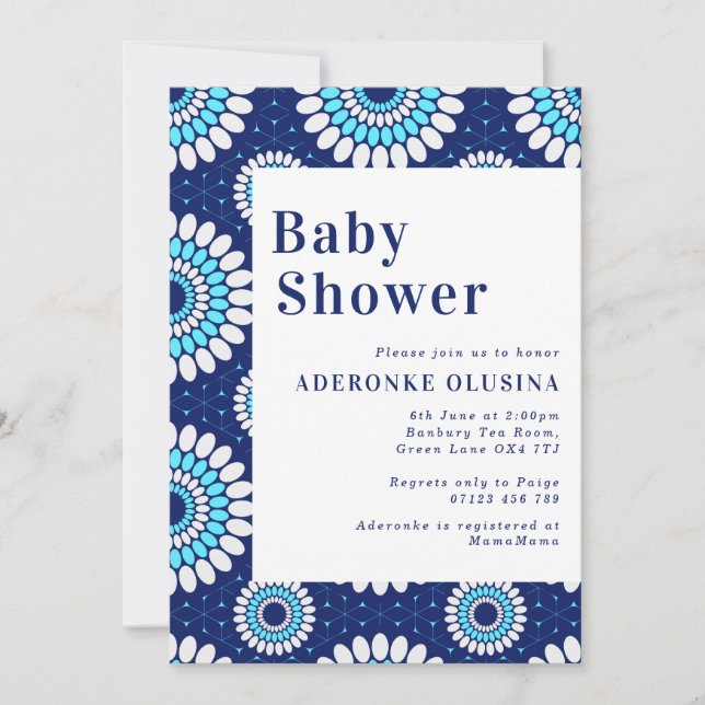 Invitación Blue & White African Wax Print Baby Shower (Anverso)
