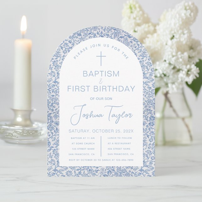 Invitación Blue White Arch Floral Boy Baptism First Birthday (Subido por el creador)