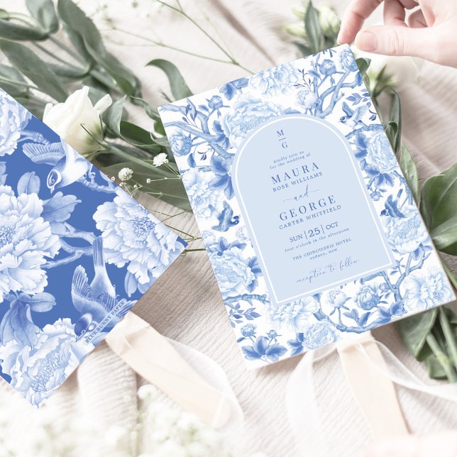 Invitación Blue White Birds Peony Chinoiserie Boda en el jard (Subido por el creador)