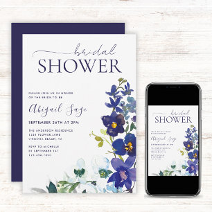 Invitación Blue White Boho Floral Trendy Script Shower