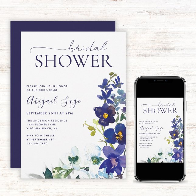 Invitación Blue White Boho Floral Trendy Script Shower (Subido por el creador)