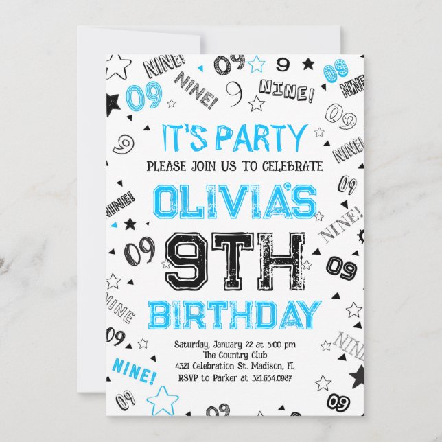 Invitación Blue White Boy Número Nueve Fiesta de Cumpleaños (Anverso)