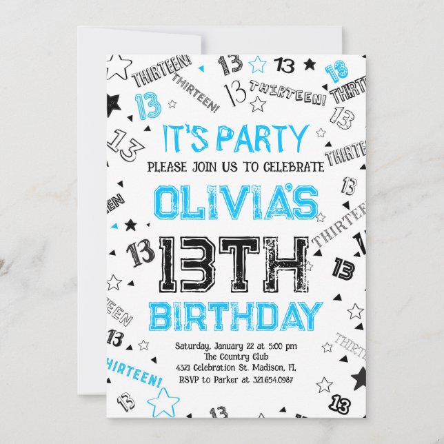 Invitación Blue White Boy número Trece cumpleaños (Anverso)