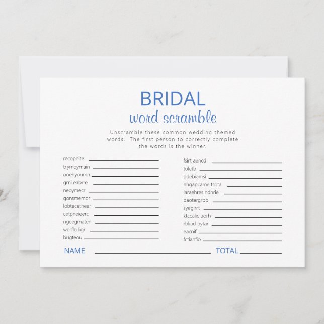 Invitación Blue & White Bridal Shower Word Scramble Game II (Anverso)