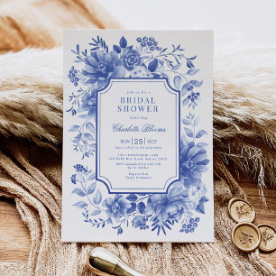 Invitación Blue White Chinoiserie Flor Jardín Ducha Británica