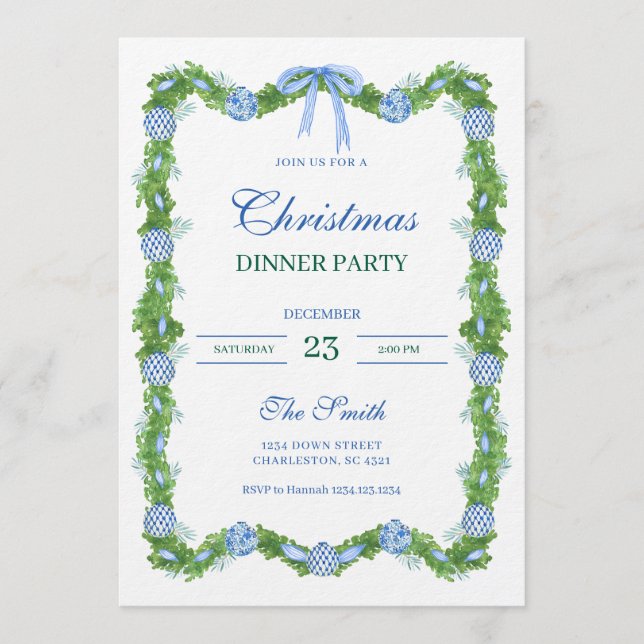 Invitación Blue & White Chinoiserie Garland Grandmillennial (Anverso)