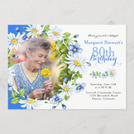 Invitación Blue White Country Daisy Foto 80 cumpleaños