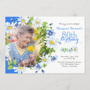 Invitación Blue White Country Daisy Foto 80 cumpleaños