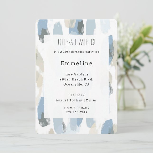 Invitación Blue White Cream Resumen Cumpleaños (Anverso de pie)