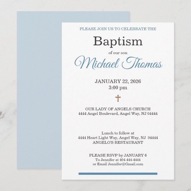 Invitación Blue White Cross Custom Name Baptism (Anverso / Reverso)